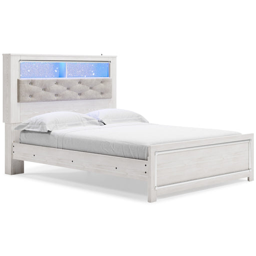 Altyra White Upholstered Bookcase LED Queen Panel Bed - Gate Furniture
