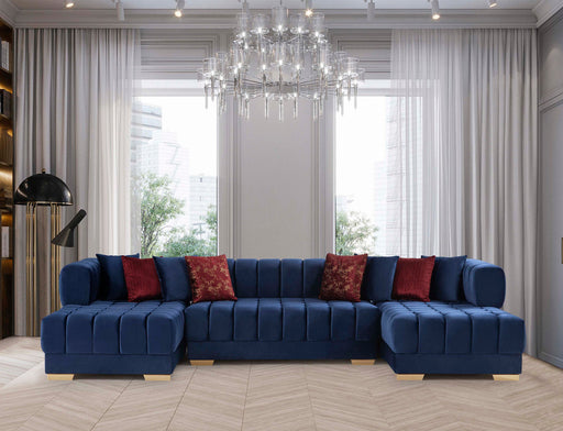 Ariana Blue Velvet Double Chaise Sectional ( red pillows) - In Stock Furniture
